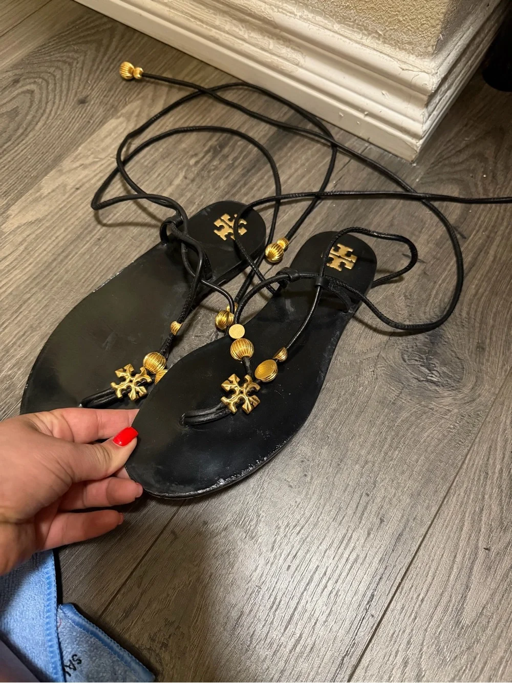 Tory Burch Lace-Up capri Sandals with Gold Bead & Logo Accents